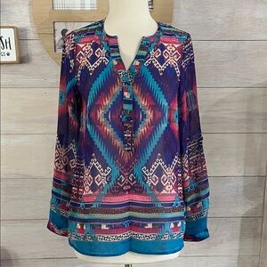 Buttons Vibrant Blue and Pink Geometric Blouse S